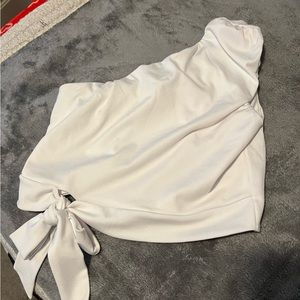 white cropped off shoulder top